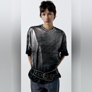 Silver Gunmetal Foil Tee | Oversized, Short Sleeves | Zara | X-Large | NWT